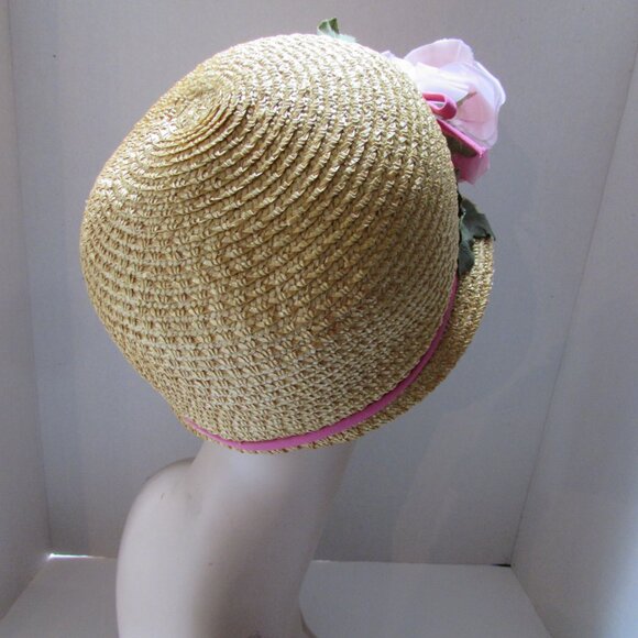 SALE Sweet Mid Century Cloche Style Straw Hat with Pink Rose main image 6